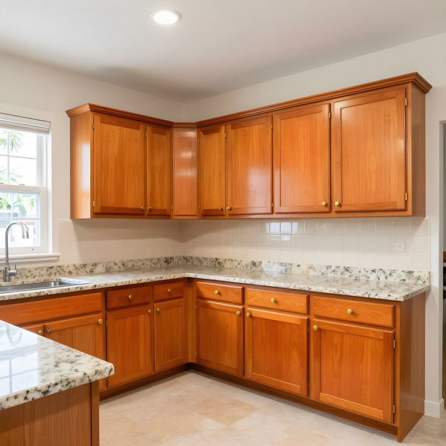 The kitchen as it stands, with varnished oak cabinetry and brass hardware